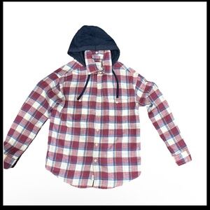 American Eagle Button Up Flannel LS Shirt Chest Pockets Removable Hood Men Sz S